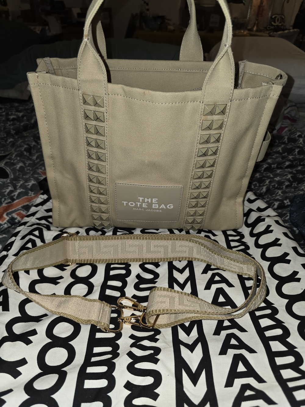 Marc Jacobs Beige Canvas Tote with Gold Stud Accents